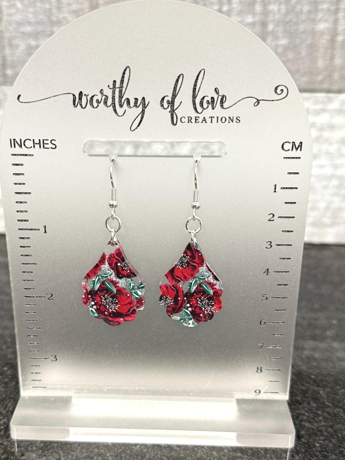 winter burgundy flower earrings, winter jewelry stainless steel and acrylic