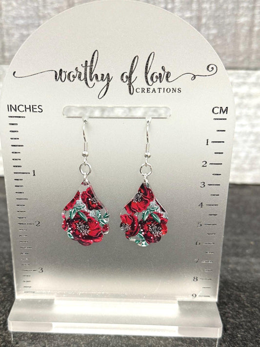 winter burgundy flower earrings, winter jewelry stainless steel and acrylic
