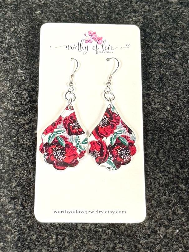 winter burgundy flower earrings, winter jewelry stainless steel and acrylic