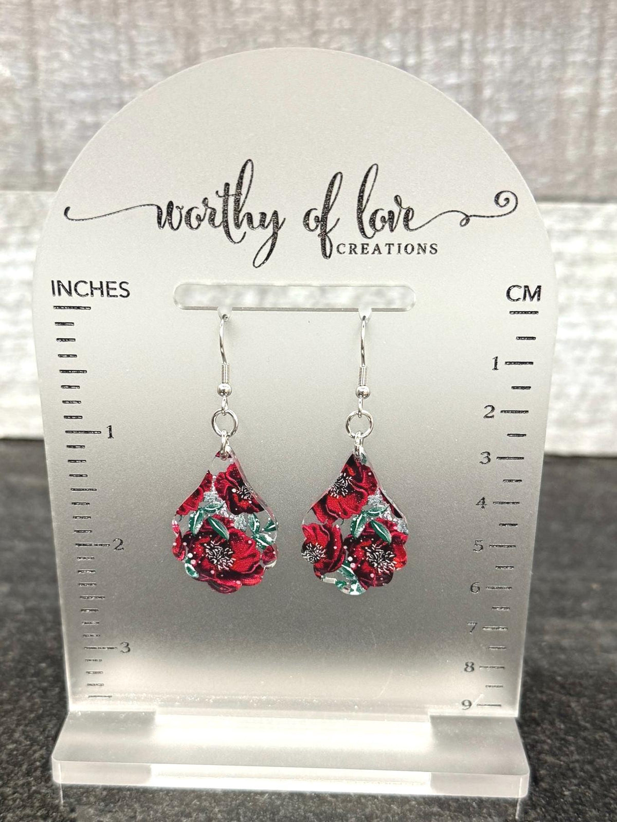 winter burgundy flower earrings, winter jewelry stainless steel and acrylic