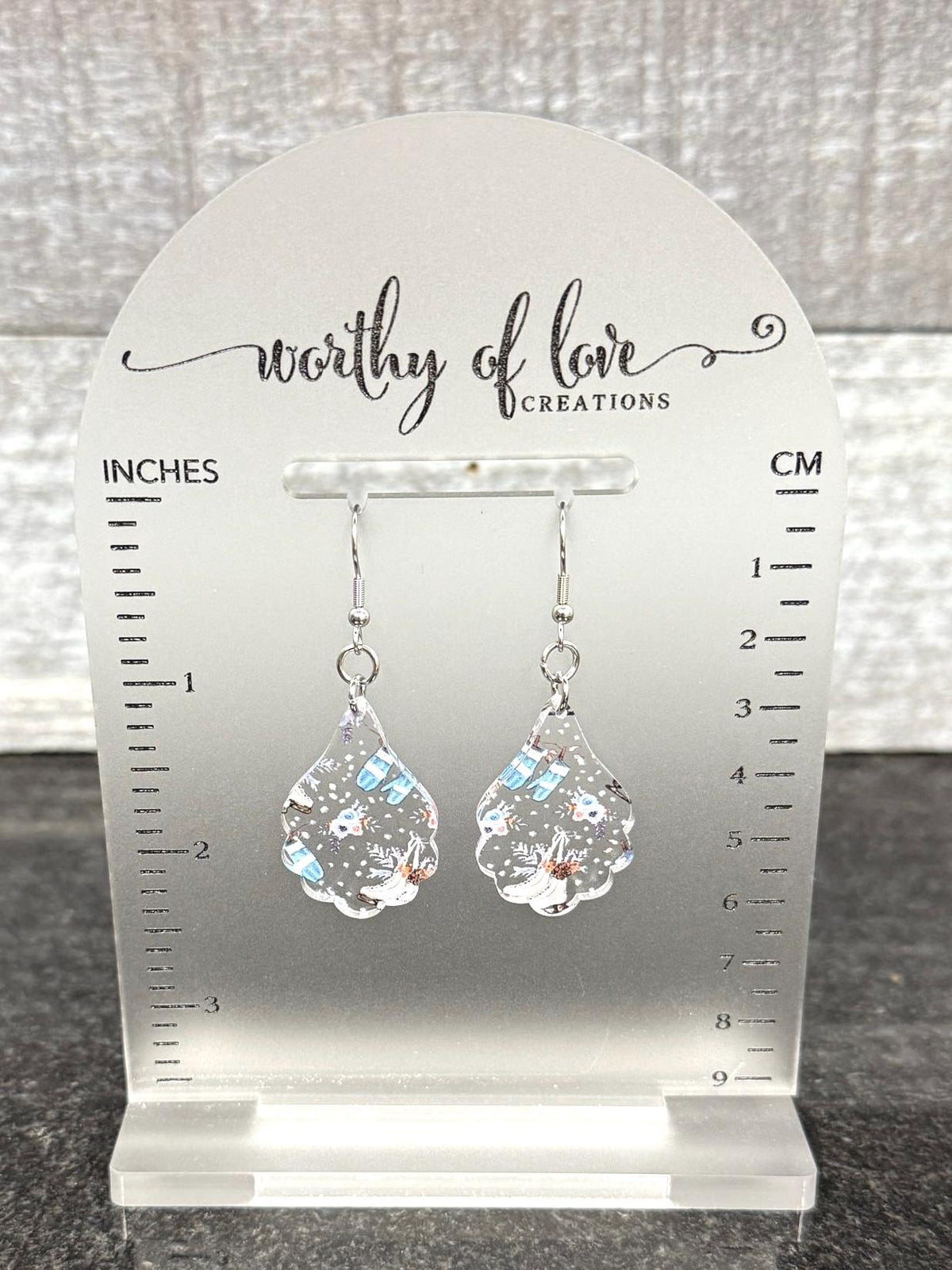 Acrylic Ice Skate & Mitten Earrings: Winter Stainless Steel Jewelry