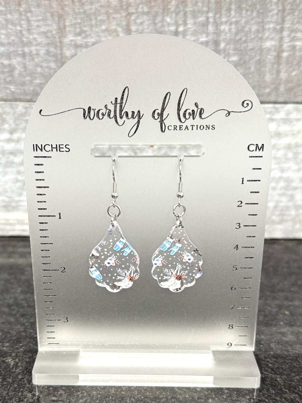 Acrylic Ice Skate & Mitten Earrings: Winter Stainless Steel Jewelry