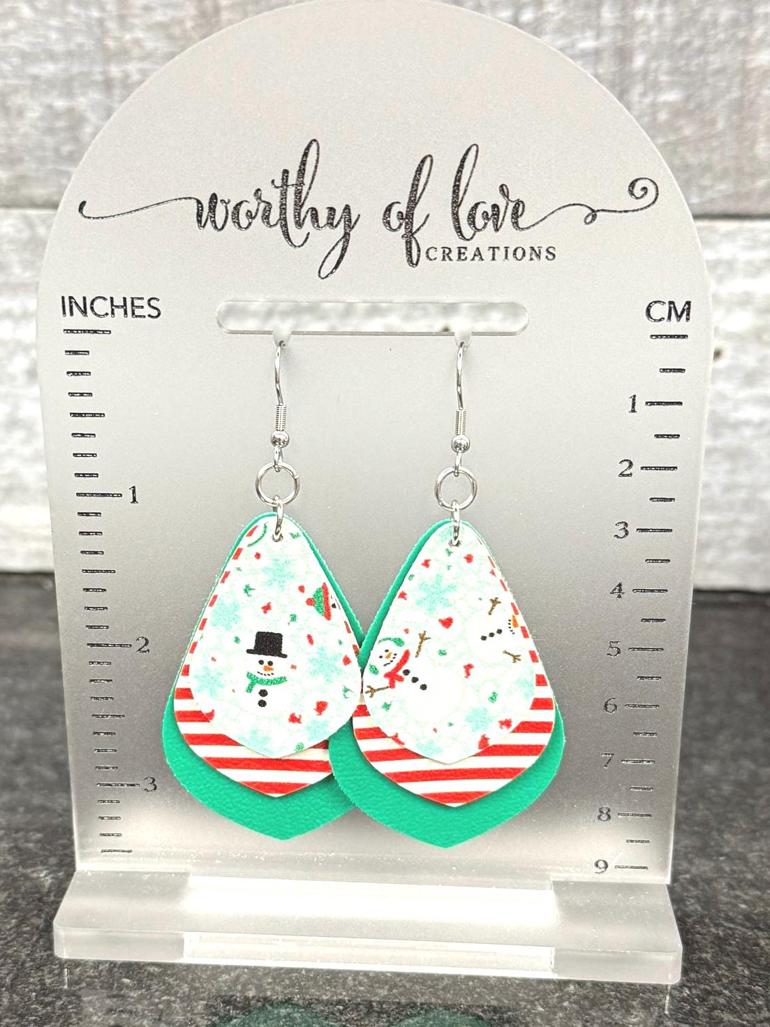 Snowman Faux Leather Earrings, Holiday Dangle Earrings