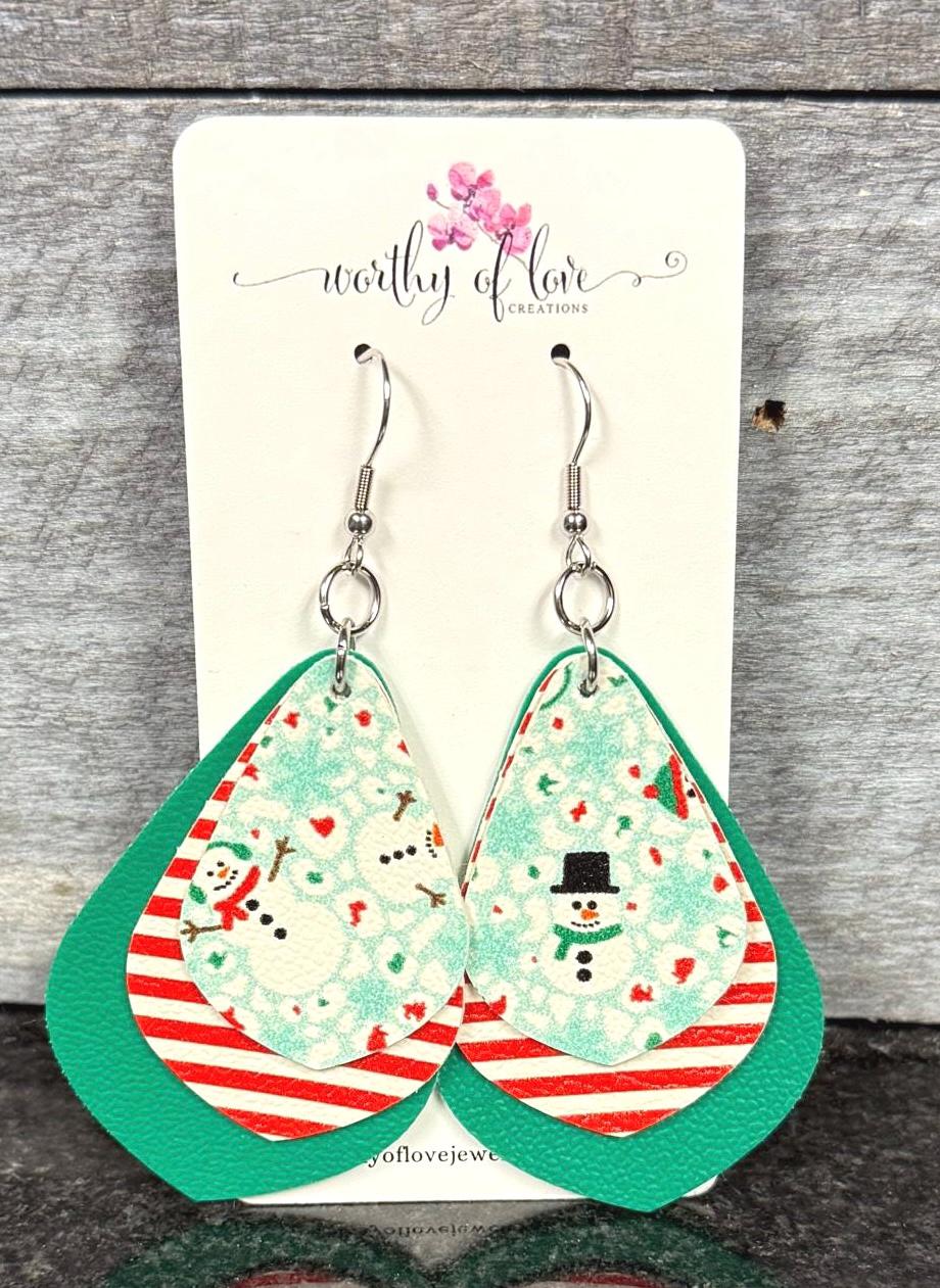 Snowman Faux Leather Earrings, Holiday Dangle Earrings