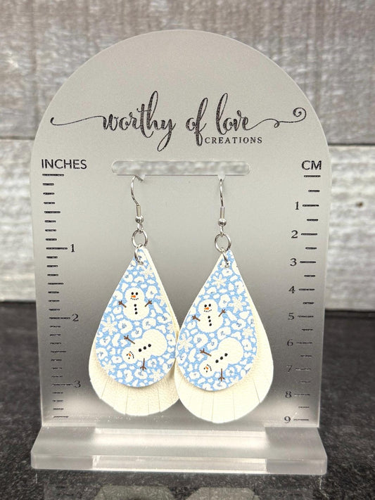Snowman blue and white faux leather earrings stainless steel