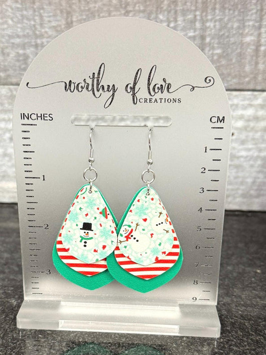Snowman Faux Leather Earrings, Holiday Dangle Earrings