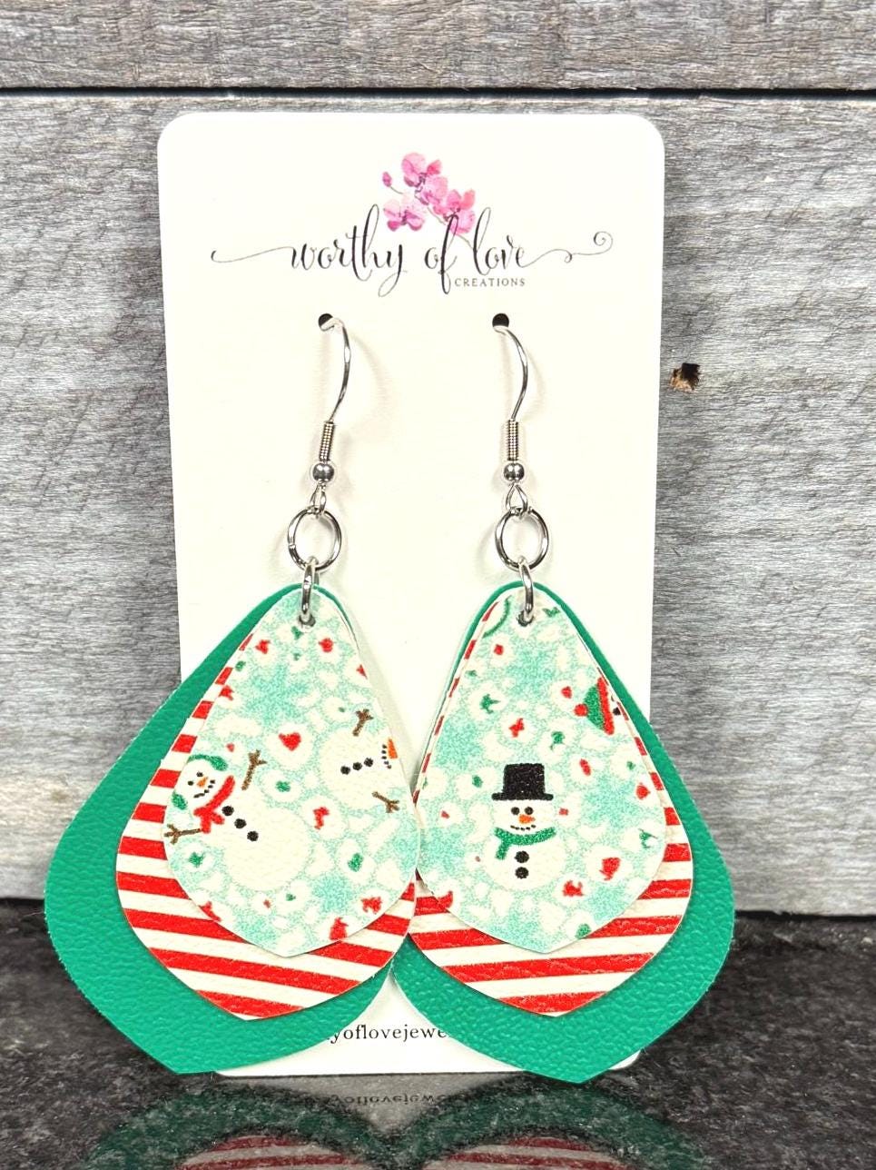 Snowman Faux Leather Earrings, Holiday Dangle Earrings
