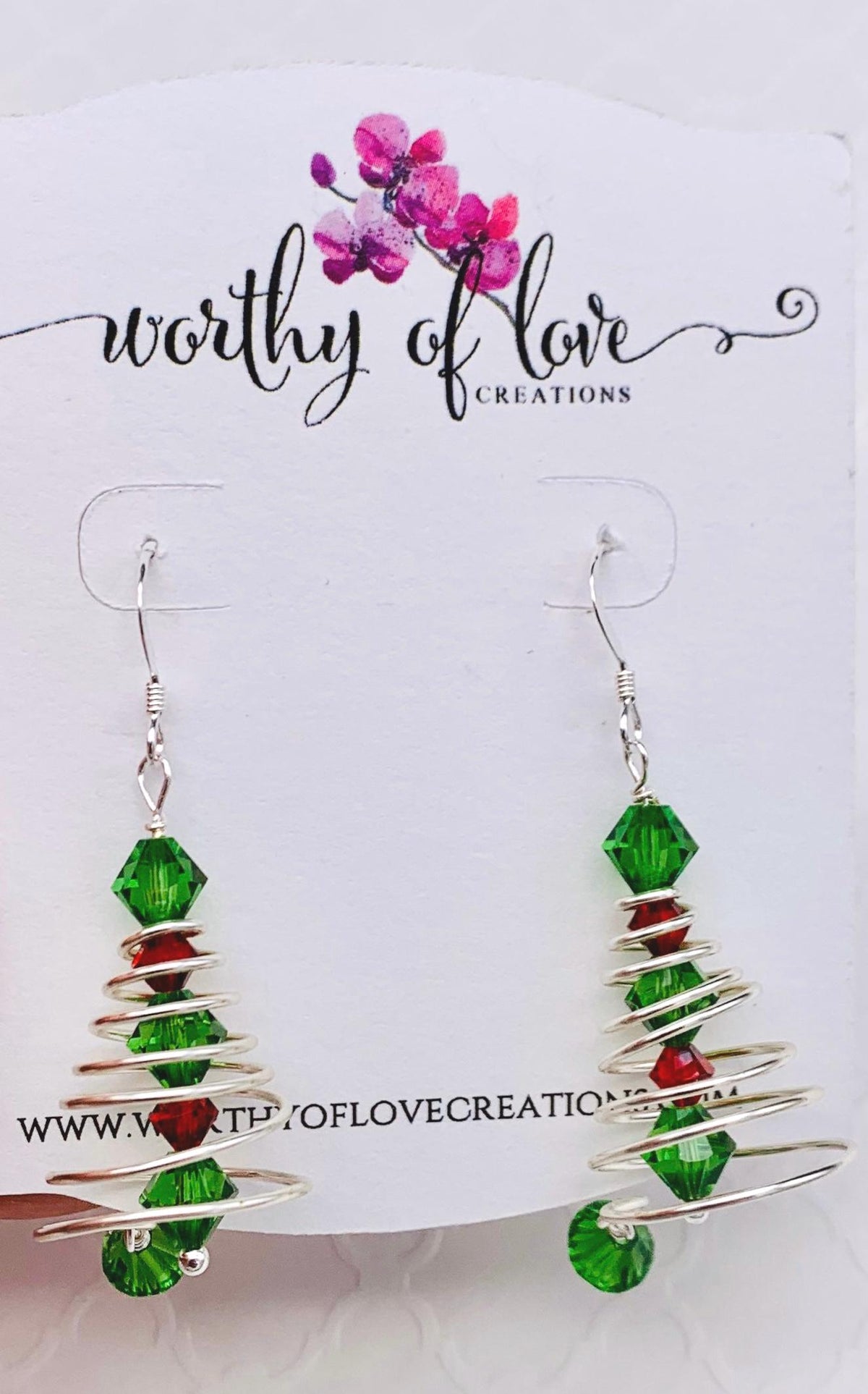 Austrian Crystal sterling silver plated wire wrapped Christmas tree earrings