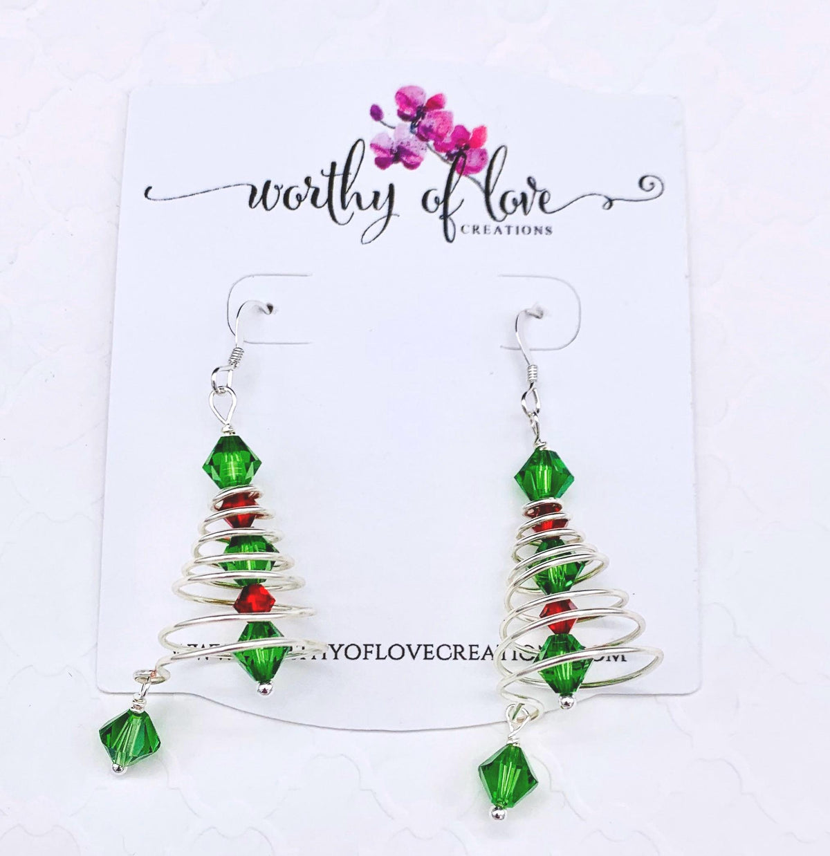 Austrian Crystal sterling silver plated wire wrapped Christmas tree earrings