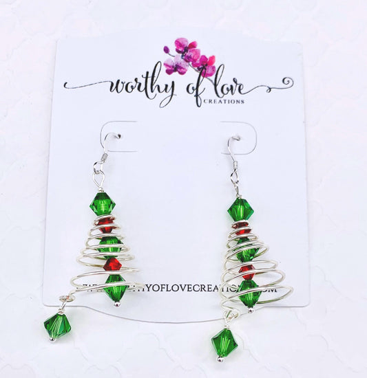 Austrian Crystal sterling silver plated wire wrapped Christmas tree earrings