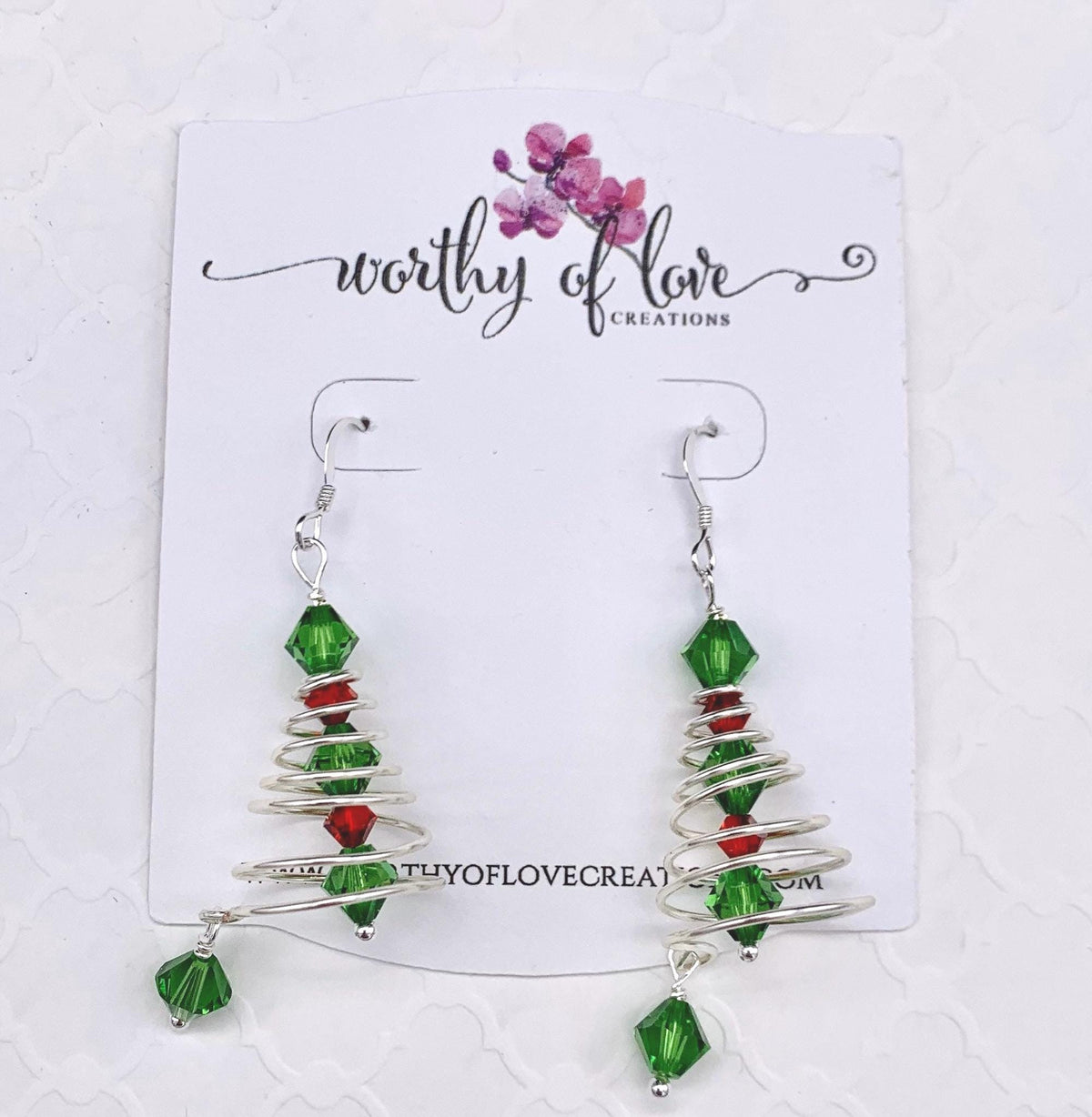 Austrian Crystal sterling silver plated wire wrapped Christmas tree earrings