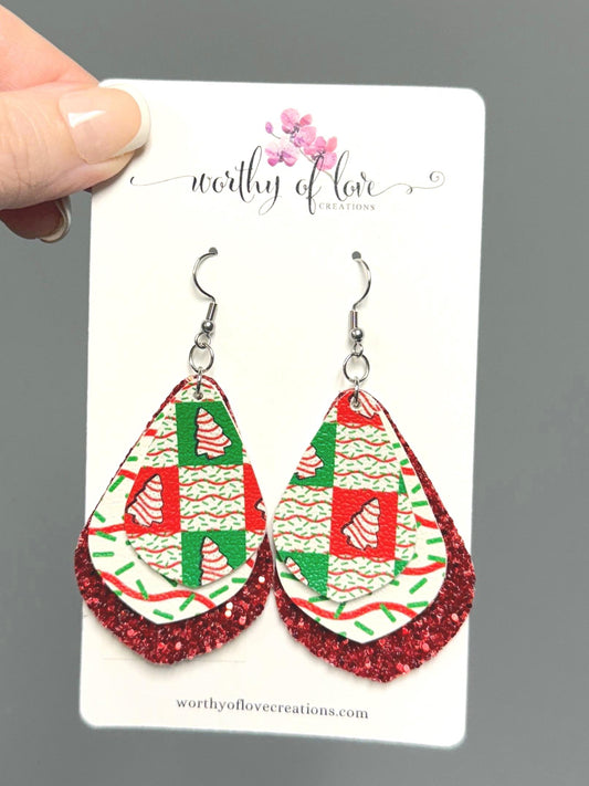 Christmas tree cake earrings, stainless steel and faux leather Christmas jewelry