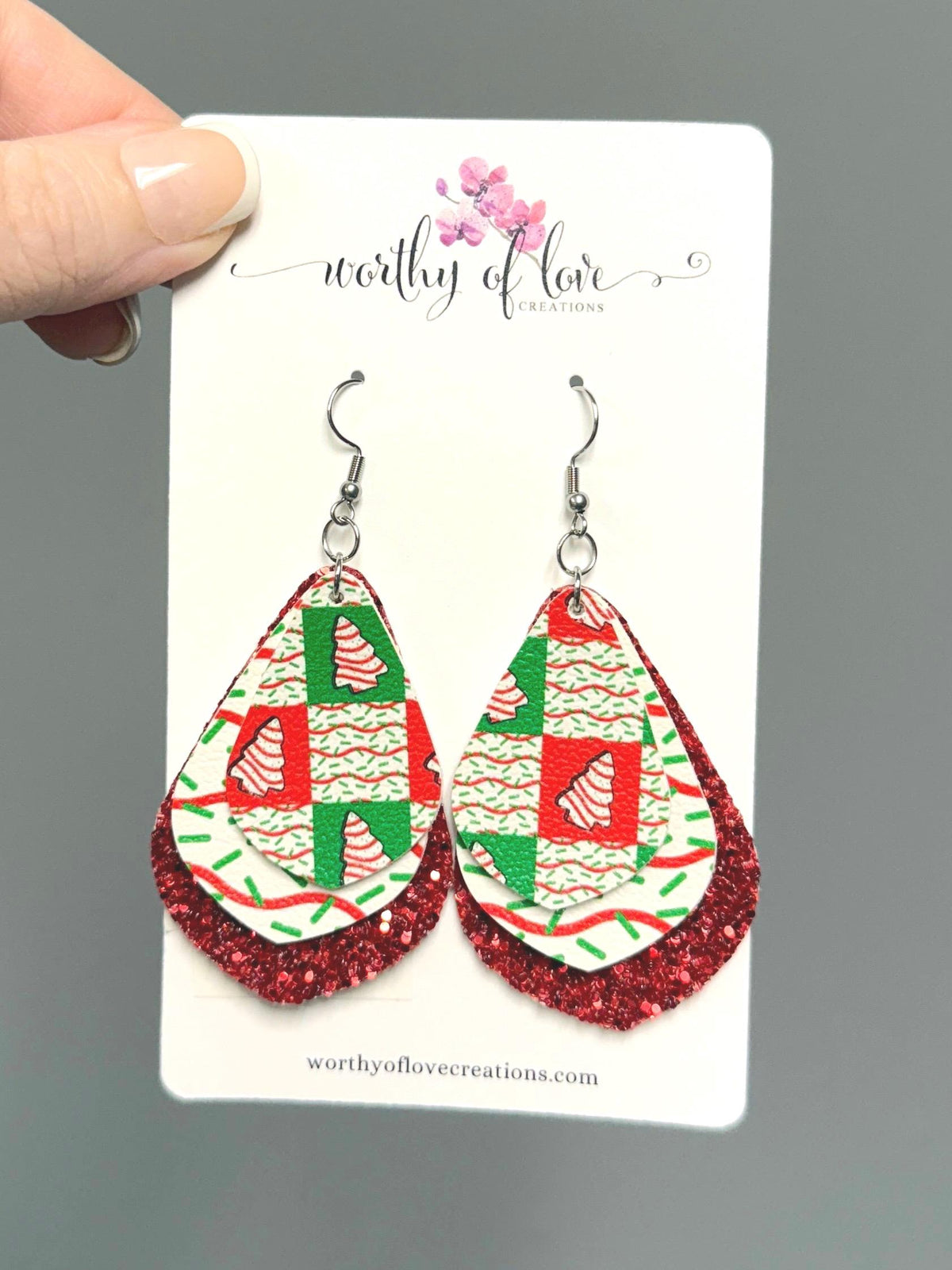 Christmas tree cake earrings, stainless steel and faux leather Christmas jewelry