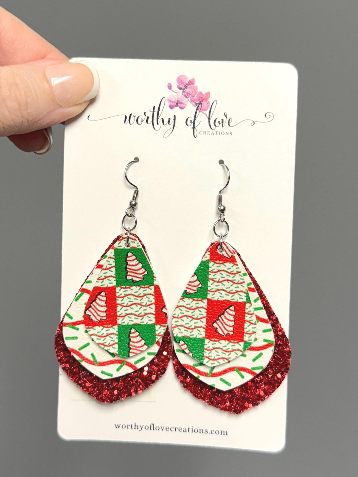 Christmas tree cake earrings, stainless steel and faux leather Christmas jewelry