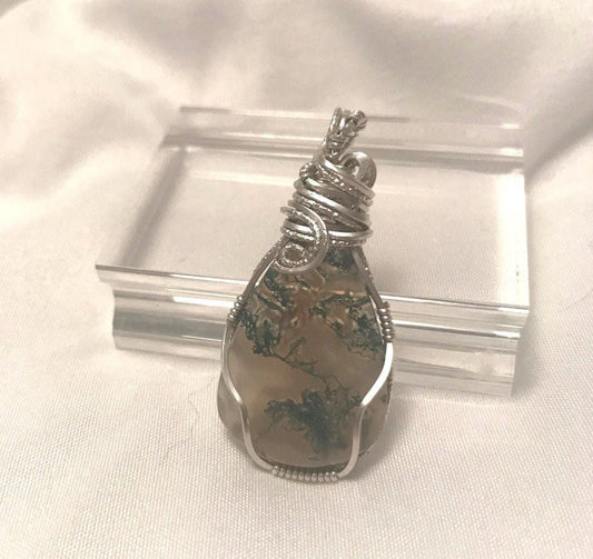 moss agate wire wrapped pendant argentium sterling silver