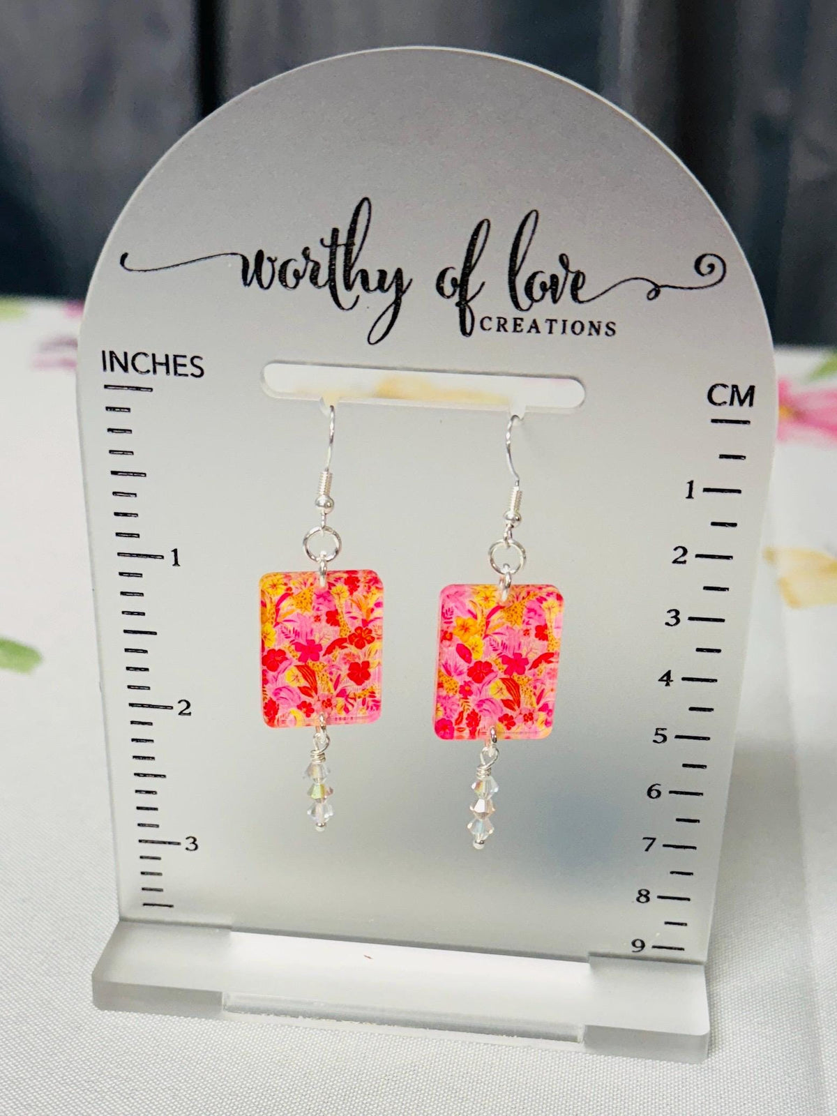 Summer beachy floral print acrylic and sterling silver plated earrings with genuine crystal beads