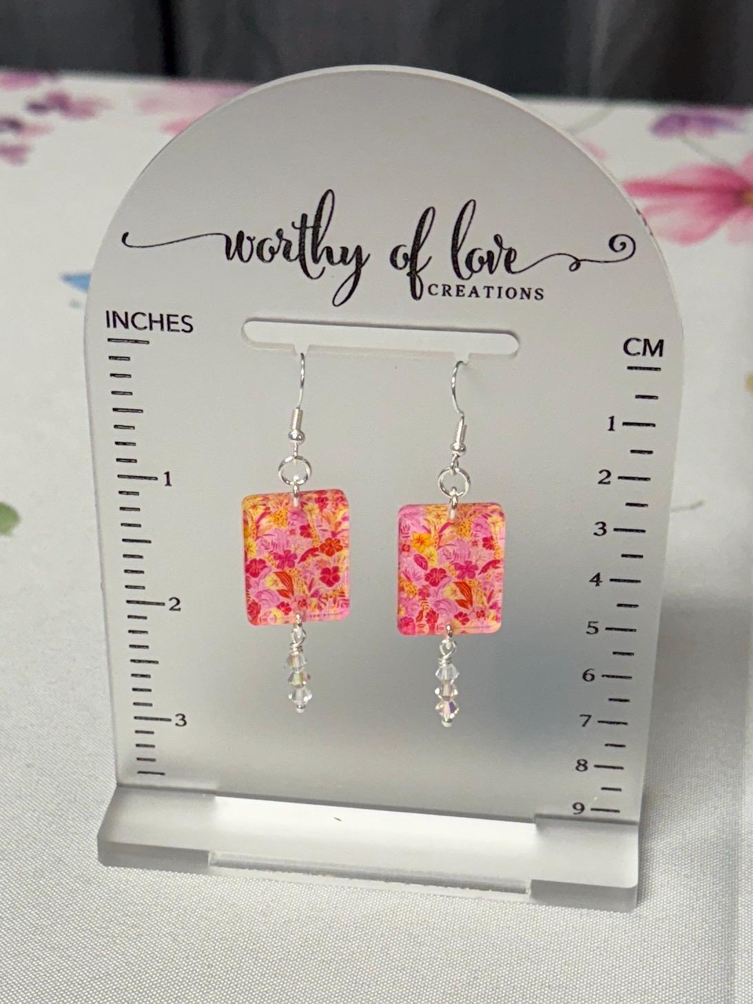 Summer beachy floral print acrylic and sterling silver plated earrings with genuine crystal beads