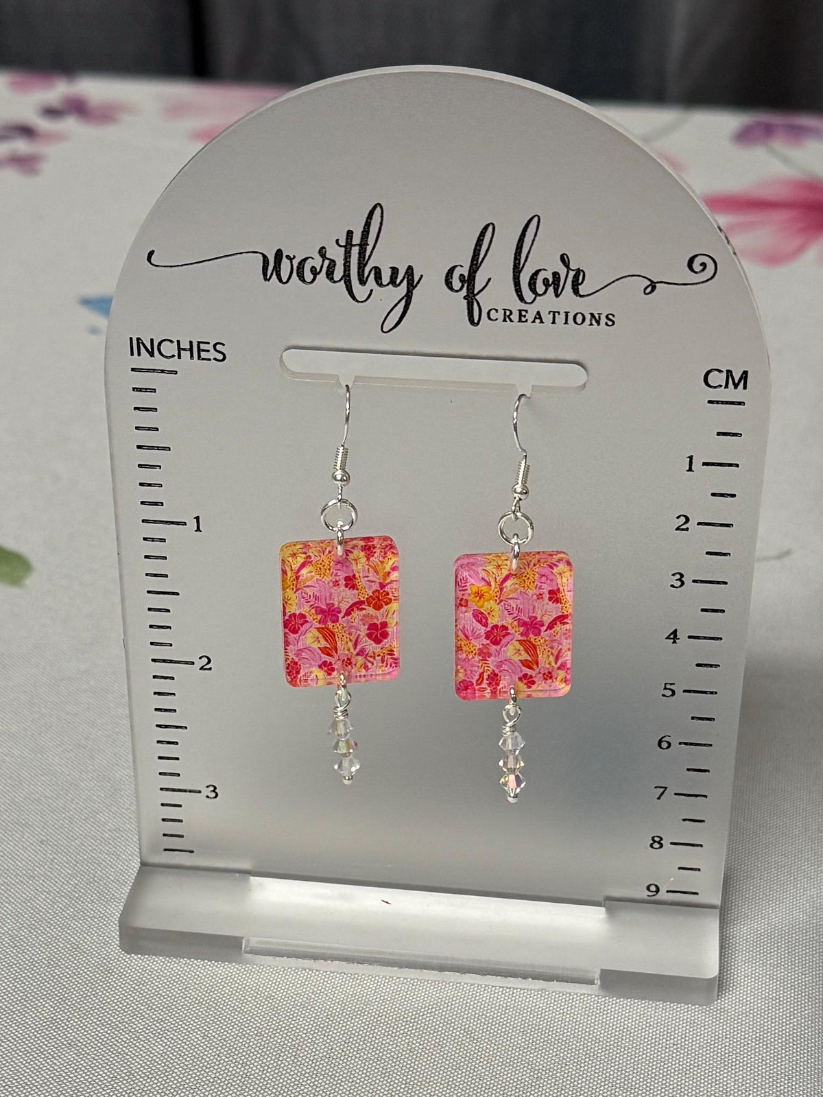 Summer beachy floral print acrylic and sterling silver plated earrings with genuine crystal beads