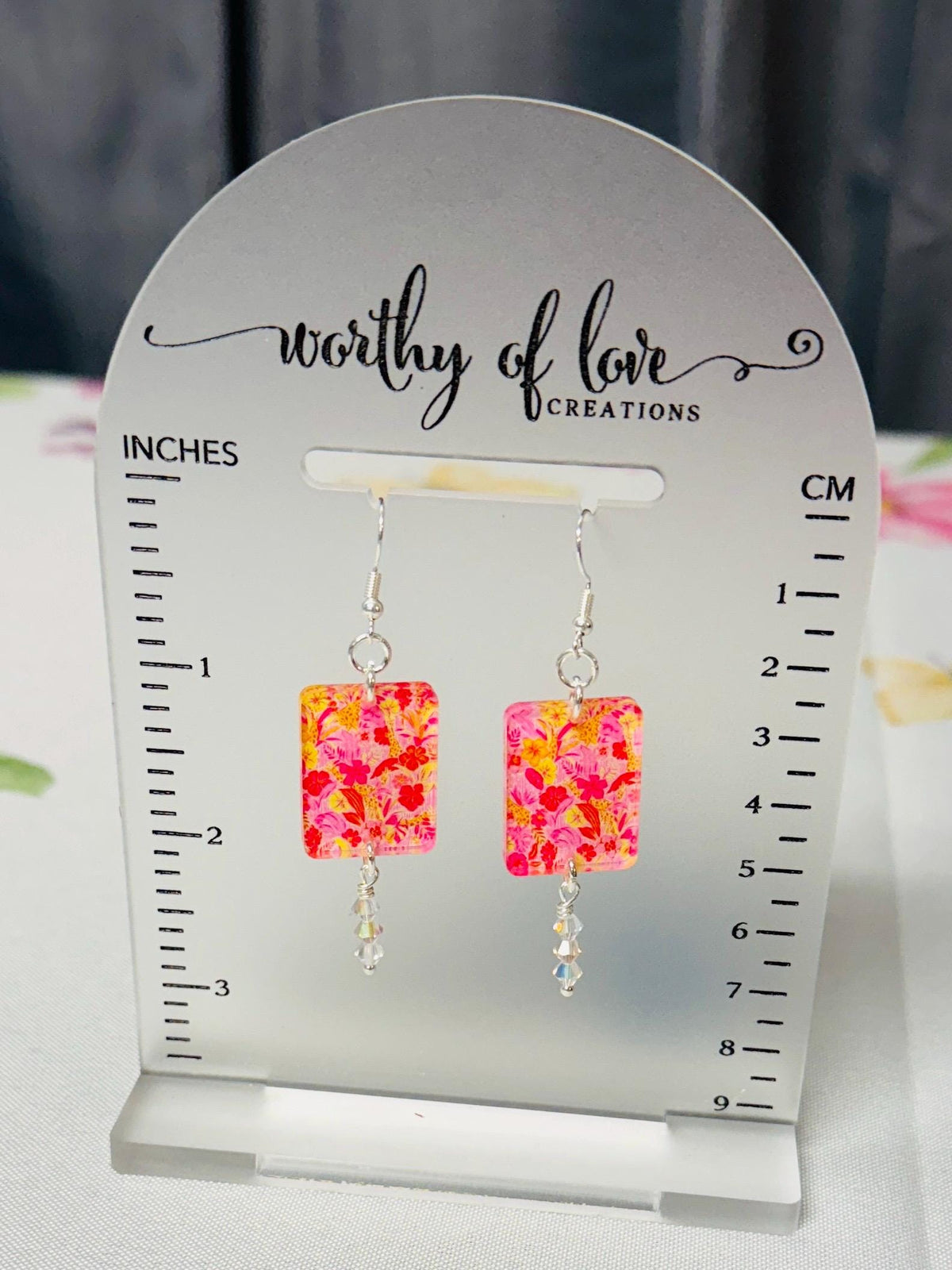 Summer beachy floral print acrylic and sterling silver plated earrings with genuine crystal beads