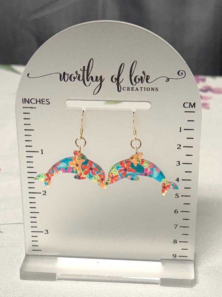 Dolphin earrings floral print acrylic and 18k gold plated stainless steel