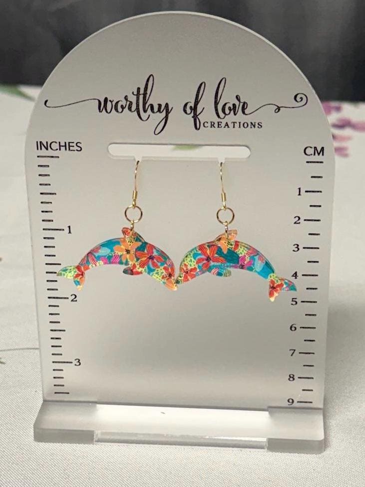 Dolphin earrings floral print acrylic and 18k gold plated stainless steel
