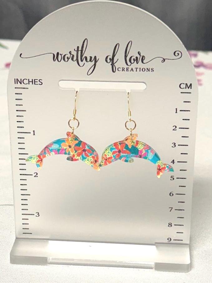 Dolphin earrings floral print acrylic and 18k gold plated stainless steel
