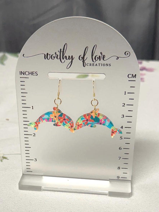 Dolphin earrings floral print acrylic and 18k gold plated stainless steel
