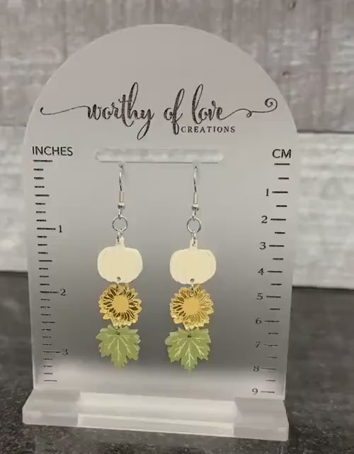 Autumn Earrings, Stainless Steel, Acrylic, with White Pumpkins, Sunflowers, and Leaves