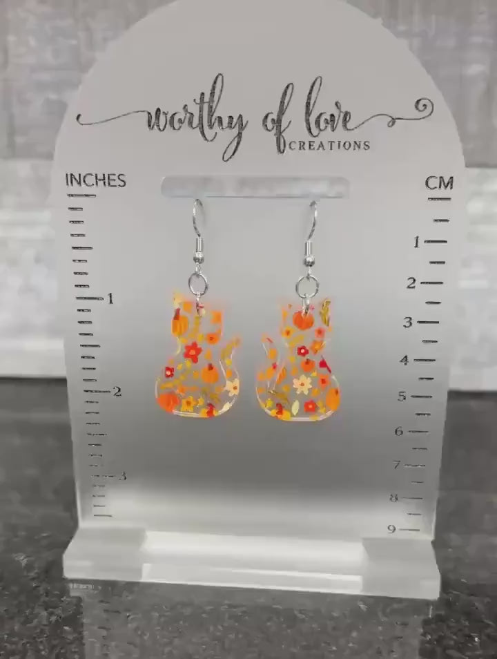 Autumn Cat Earrings - Pumpkin Print, Stainless Steel & Acrylic