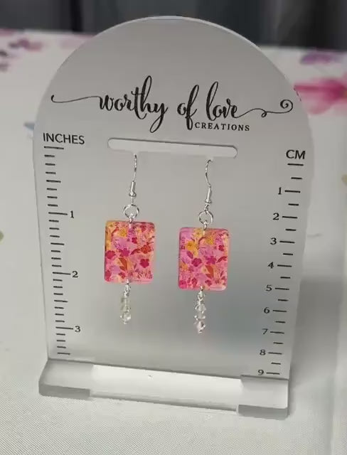 Summer beachy floral print acrylic and sterling silver plated earrings with genuine crystal beads