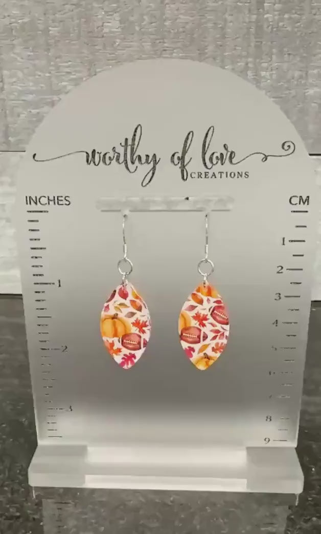 Autumn Print Dangle Earrings – Football, Pumpkin, Leaf - Stainless Steel & Acrylic