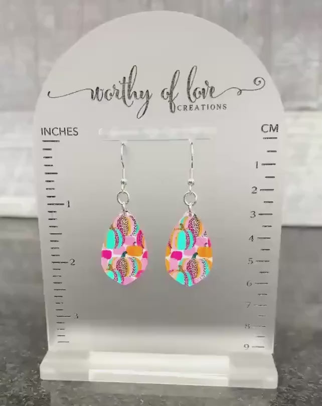 Animal Print Pumpkin earrings, stainless steel and acrylic, Thanksgiving jewelry