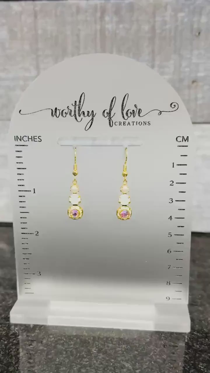 white opal Swarovski Crystal faux pearl and light rose aurora borealis crystal brass earrings