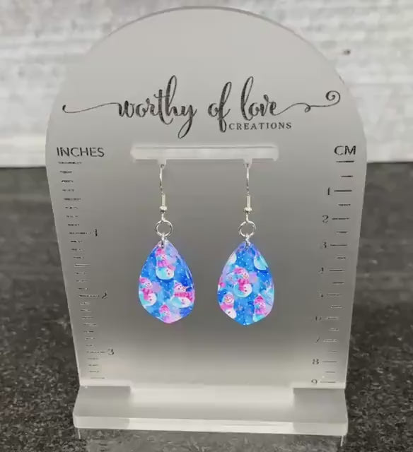 Snowman earrings, stainless steel and acrylic dangle drop earrings