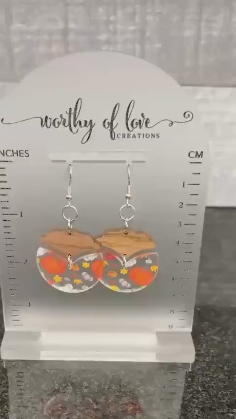 Wood & Acrylic Pumpkin Earrings: Autumn Harvest, Stainless Steel