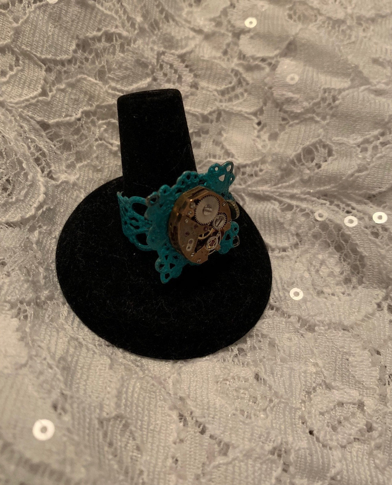 steampunk ring teal with vintage watch movement
