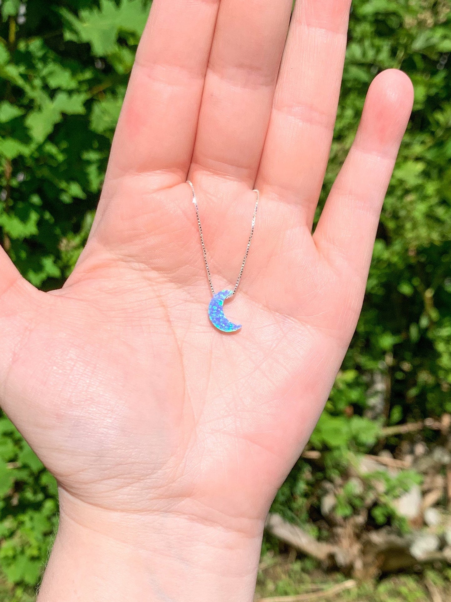 moon necklace fire opal sterling silver in light blue