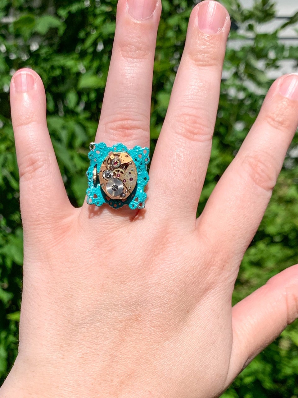 steampunk ring teal with vintage watch movement