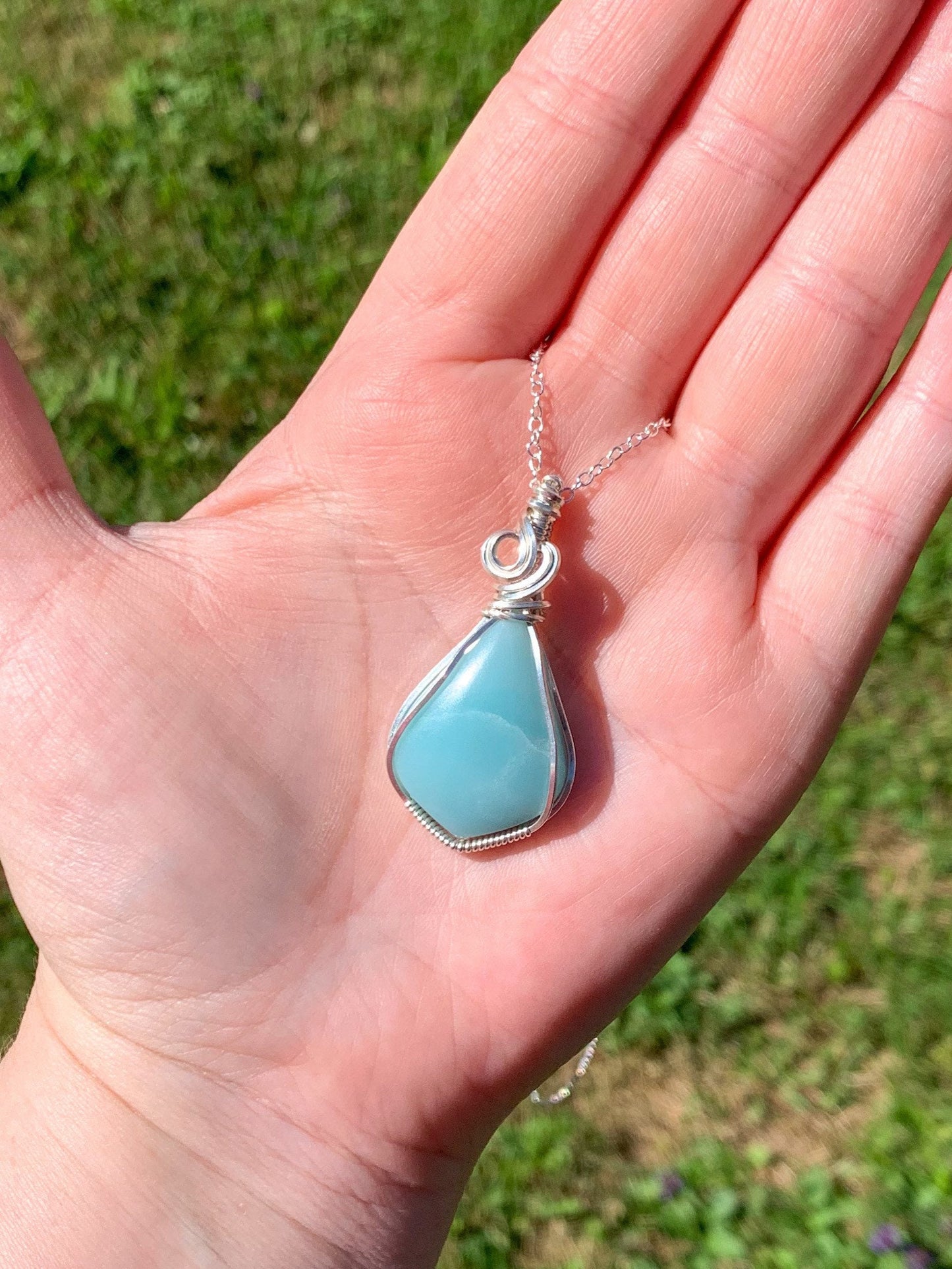 Amazonite sterling silver wire wrapped necklace