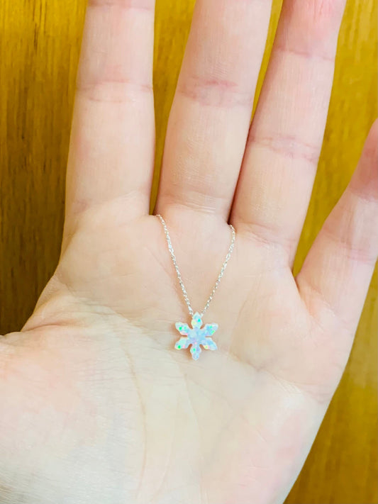 Opal Snowflake Necklace on a delicate sterling silver chain, Winter wedding necklace, Christmas necklace, Holiday necklace
