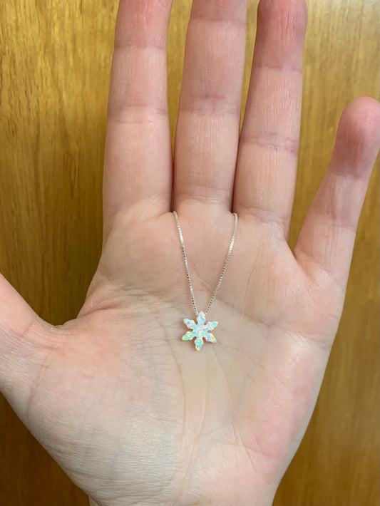 Opal Snowflake Necklace sterling silver, Winter wedding necklace