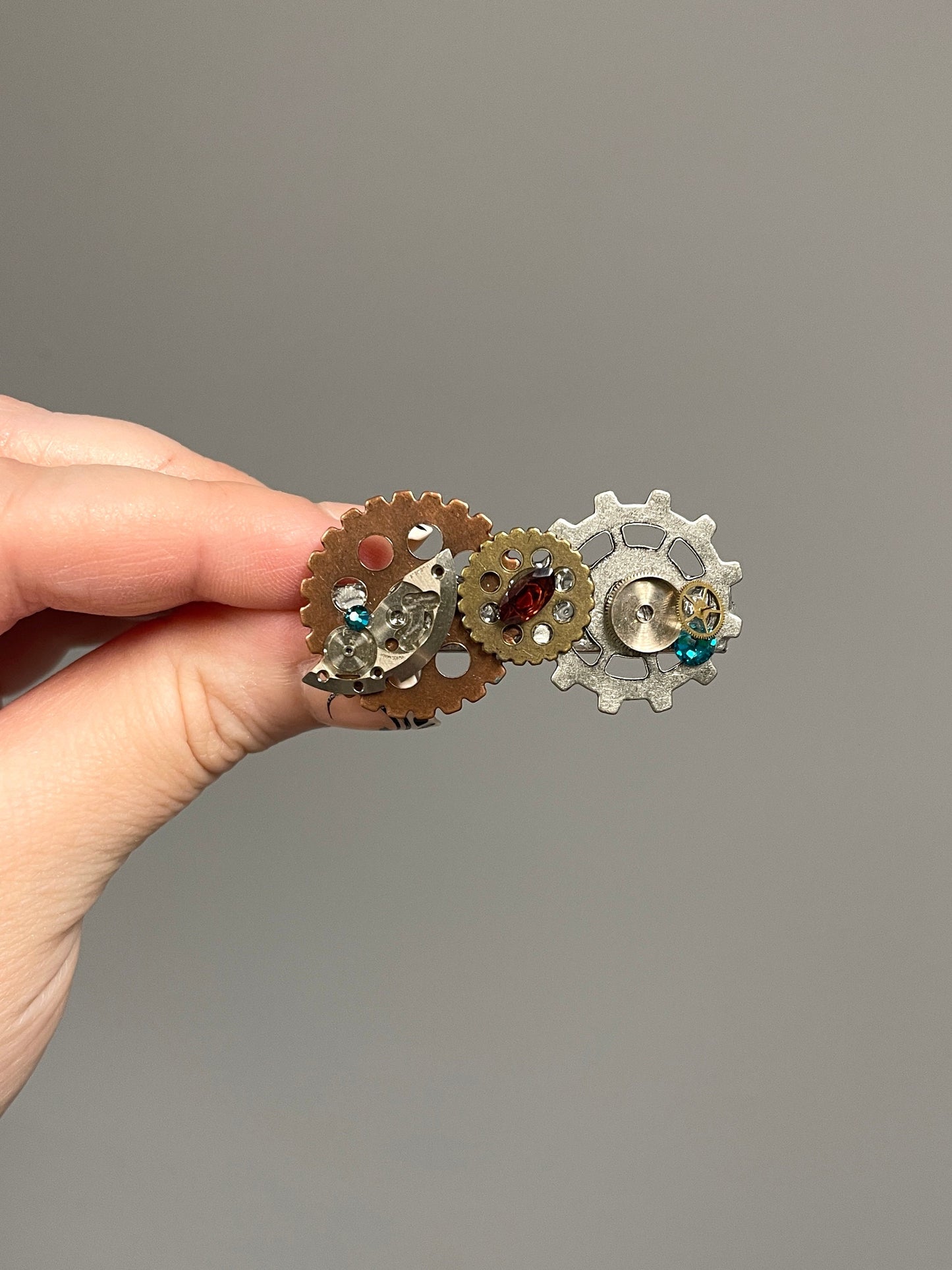 Steampunk hair clip with red garnet gemstone and Crystals